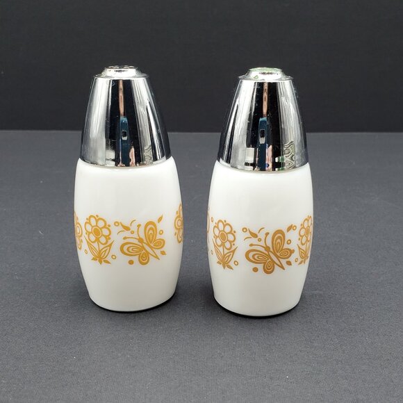 Gemco Westinghouse Butterfly Gold Salt & Pepper Shakers Gold on White Milk Glass - Picture 2 of 10
